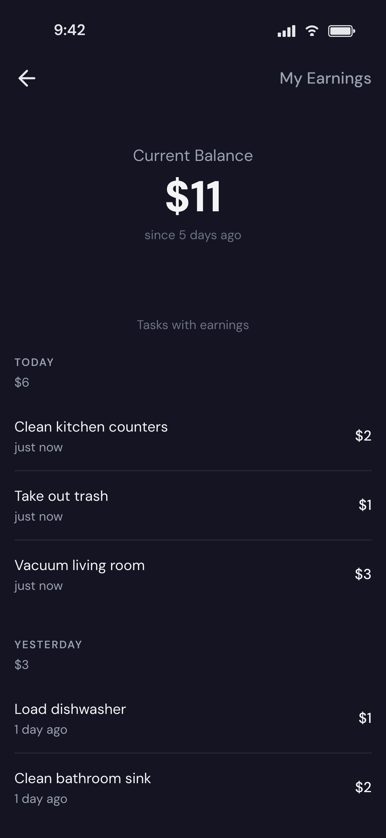 FreshChores earnings view showing balance and completed tasks