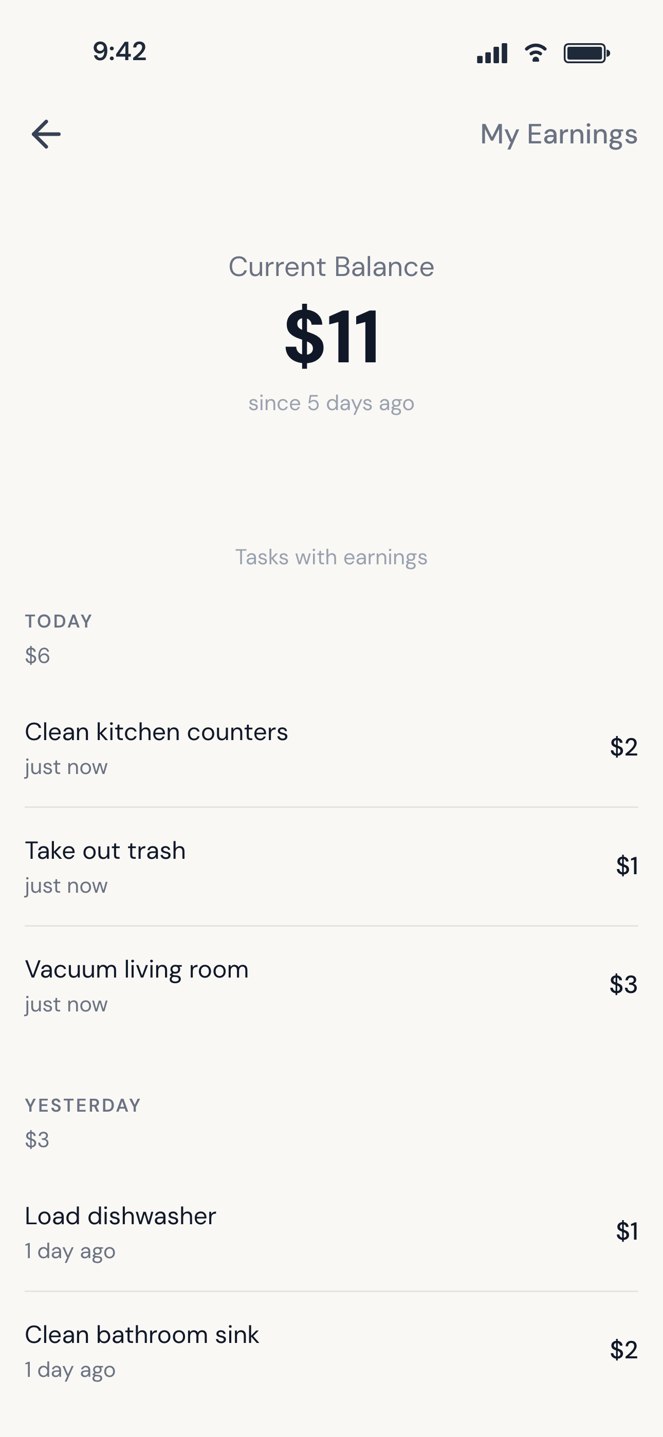 FreshChores earnings view showing balance and completed tasks